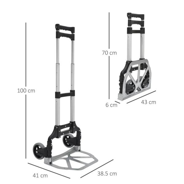 Foldable sack cart with telescoping handle and grey platform base, size dimensions shown