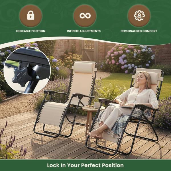 Reclining Garden Chairs – Set of 2 Folding Sun Loungers with Lockable Positions, Adjustable Headrest & Weatherproof Textoline, Beige