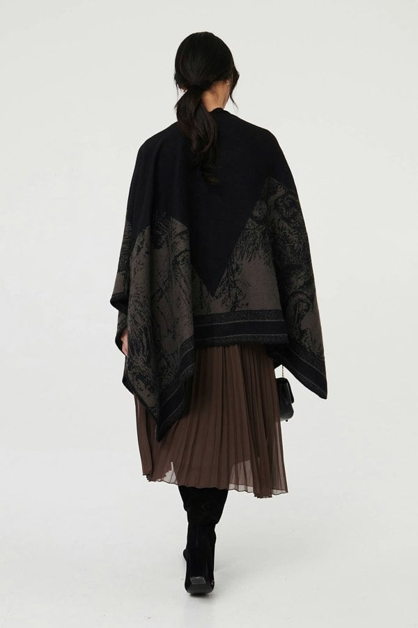 Grey | Border Print Oversized Poncho
