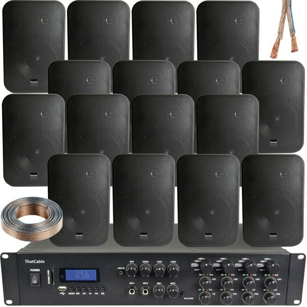 1600W Bluetooth Sound System 16x 200W Black Wall Speaker 8 Zone Matrix Amplifier