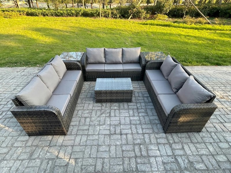 Fimous Rattan Lounge Sofa Set 9 Seater Outdoor Garden Furniture Set with Rectangular Coffee Table 3 Seater Sofa 2 Side Tables Dark Grey Mixed