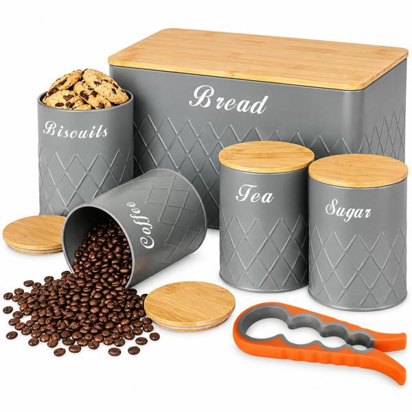 ATEK 5 Piece Kitchen Canister Set Bamboo Lids Tea Coffee Sugar Biscuits Bread Grey