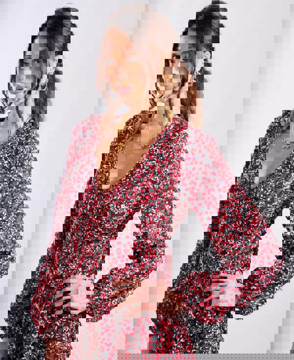 Red Floral Printed Long Sleeve Midi Dress