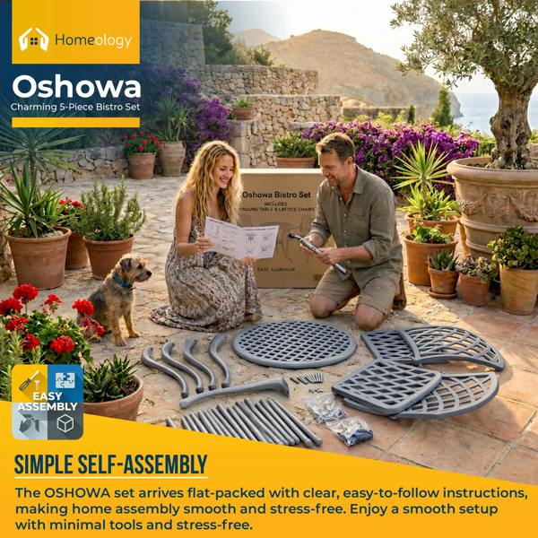 Homeology OSHOWA Luxurious Garden and Patio Table and 4 Large Chairs with Armrests Cast Aluminium Bistro Set - Grey with Black Cushions