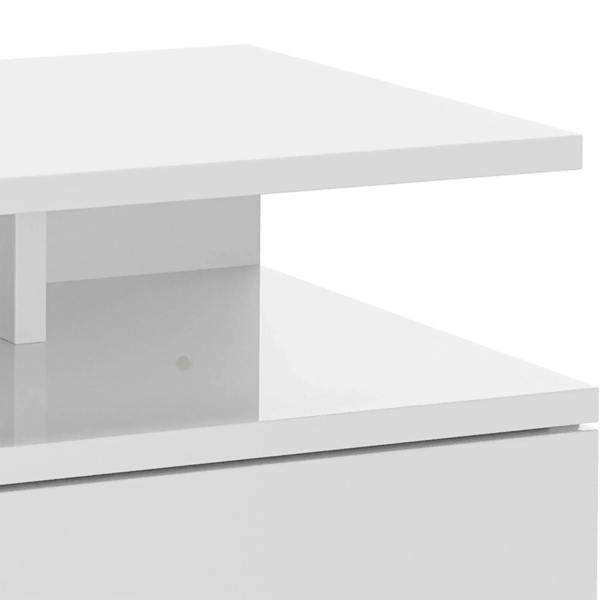 White floating bedside table close-up of tabletop support and open shelf area