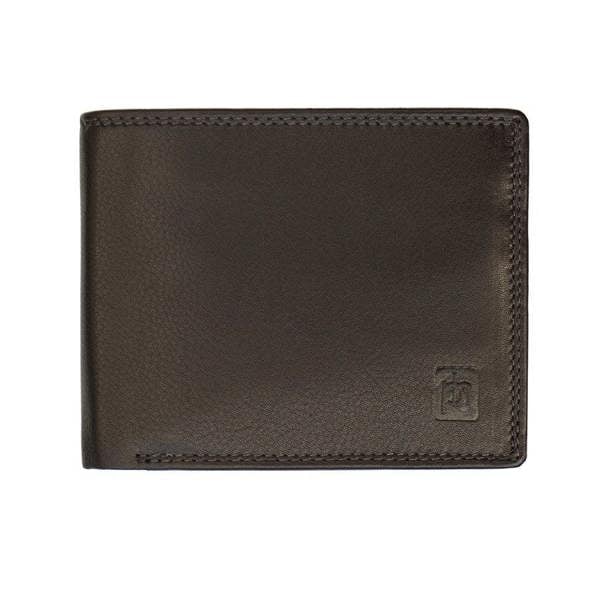 Brown leather wallet with a brand logo on a white background