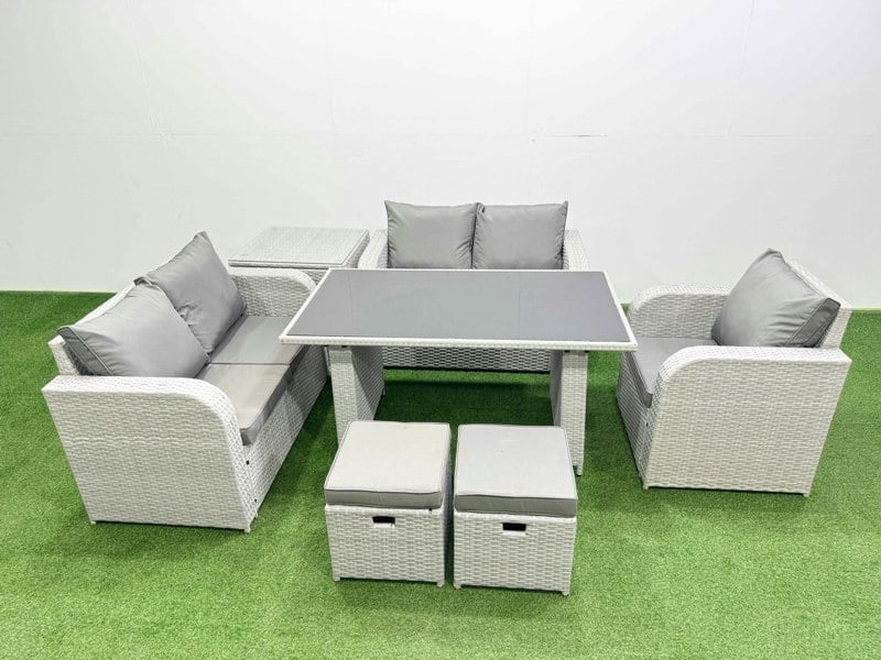 Fimous Rattan Sofa Outdoor Furniture with Dining Table,Side Table,Love Sofa,2 Small Stools Patio Furniture Light Grey 7 Seater