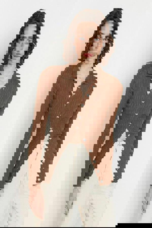 WOVCOR Mercerized Look Ribbed Polo Neck Knit Cardigan