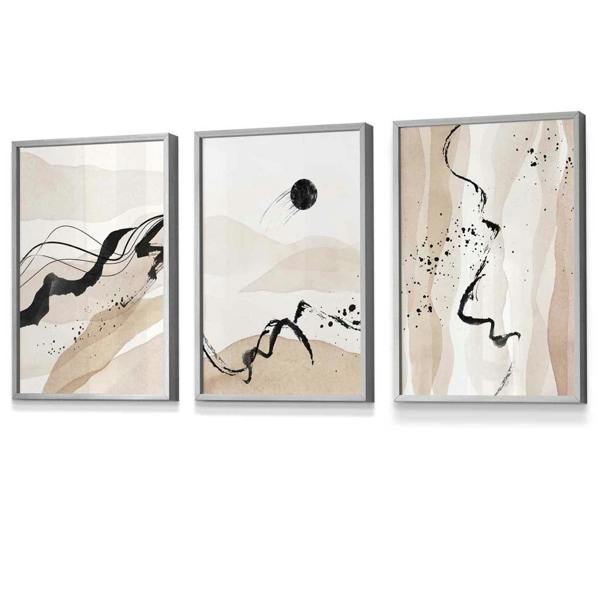 Set of 3 Abstract Beige and Black Landscape Wall Art Prints / Framed | Artze Wall Art UK
