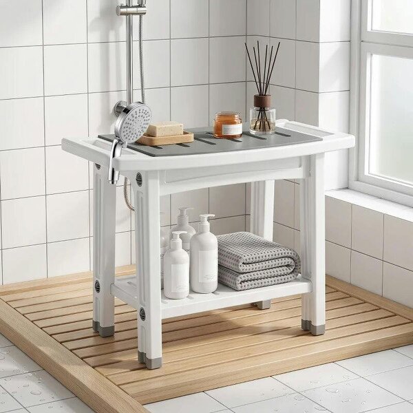 Shower Bench 2-Tier Shower Stool Bathroom with Shelf White and Grey - White