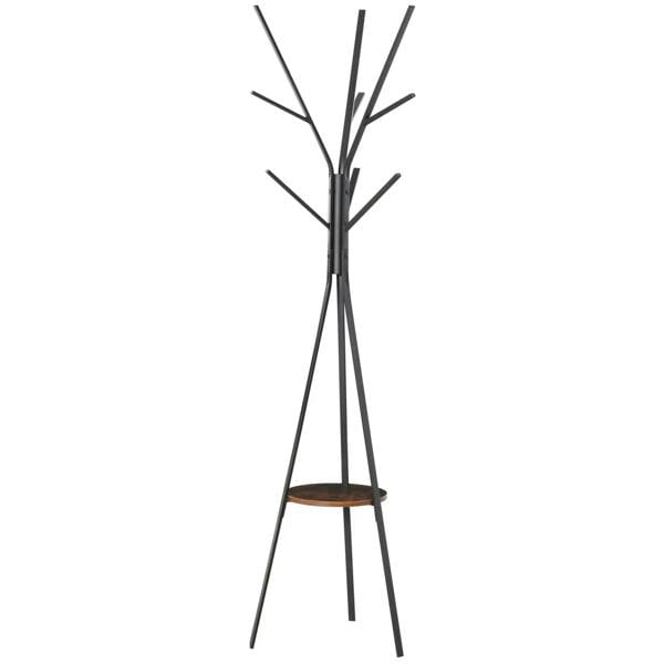 Freestanding metal coat rack stand with round top shelf and multiple hanging hooks