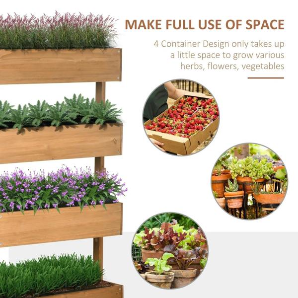 Four-tier wooden plant stand with plants in stacked rectangular planter boxes