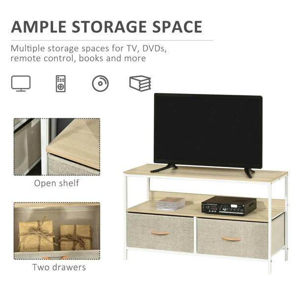 TV stand cabinet with open shelf and two grey fabric drawers for media storage