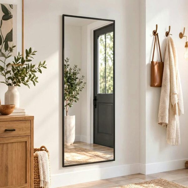 40 x 110 cm Full Length Wall Mirror, Rectangular Mirror with Adjustable Hooks, Over the Door or Wall Mounted, Black