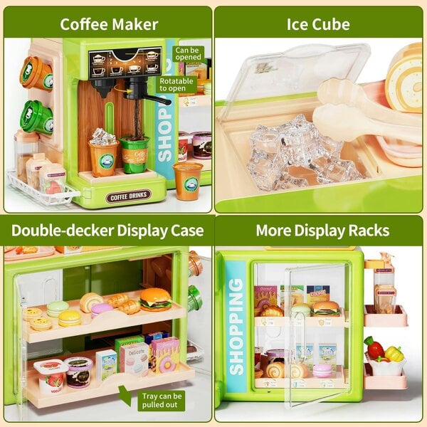 deAO Toys  Kids Supermarket Playset with Cash Register & Coffee Maker Pretend Grocery Store Toy with Accessories(Green)