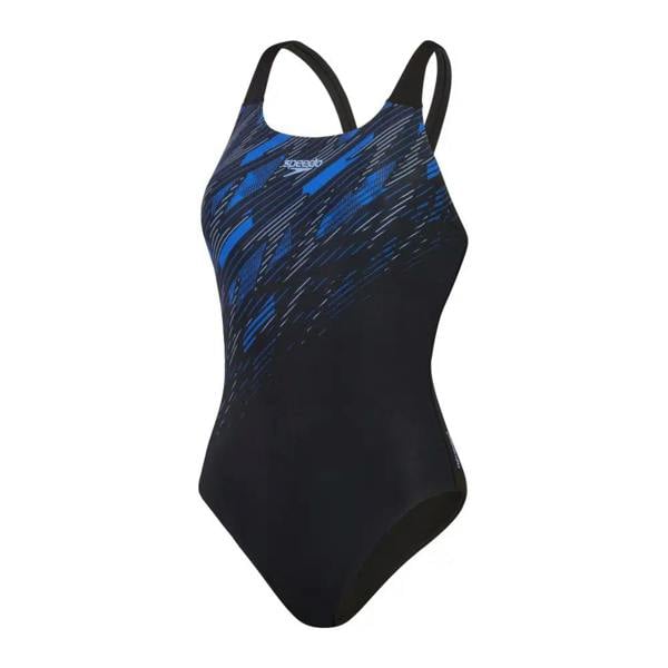 Speedo Hyperboom Placement Muscleback Swimsuit in black and blue