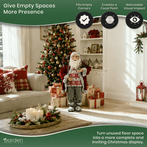 90cm Freestanding Father Christmas Figure with Presents Sack & Snowshoes, Rustic Santa Decoration with Fabric & Wool Clothing