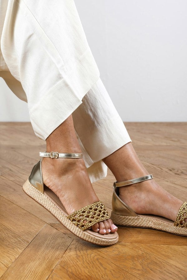 Where's That From Brooklyn Gold Metallic Handwoven Flatform Espadrille Sandal