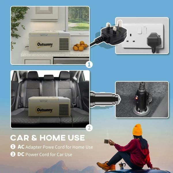 Khaki and grey portable car refrigerator shown for car and home use with power cords