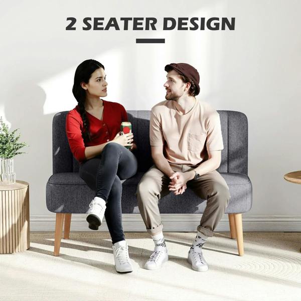 Dark grey 2-seat loveseat sofa with tufted backrest and tapered light wood legs