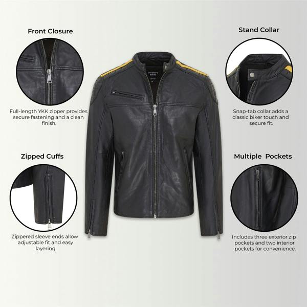Infinity Leather Men's Classic Quilted Black Yellow Leather Biker Jacket - Meridian