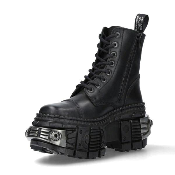 New Rock Metallic Black Leather Boots-WALL083C-S4