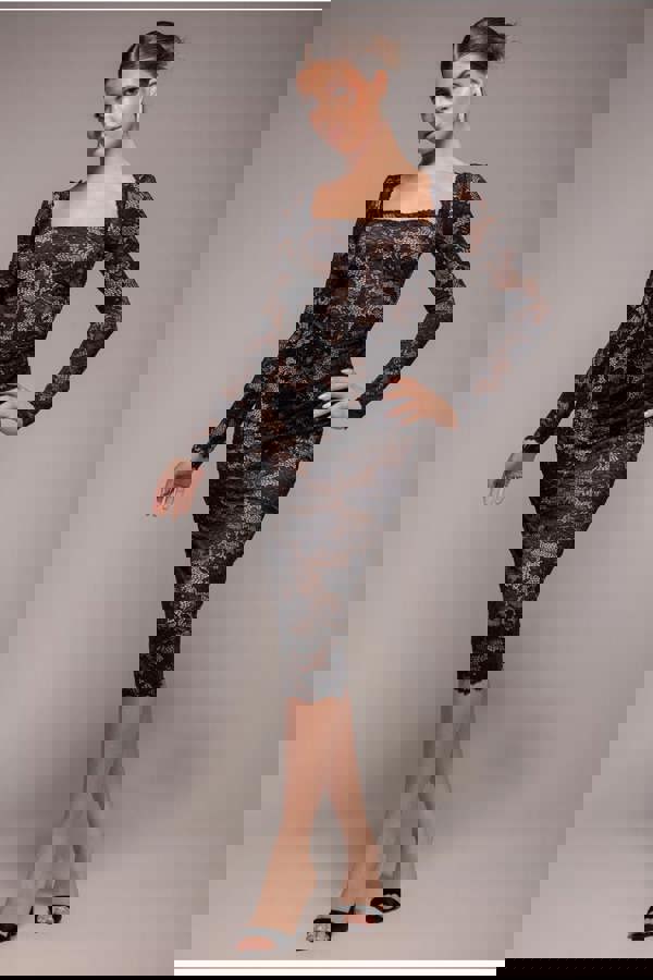 Scalloped Lace Corset Bodice Midi Dress - Black DR4526