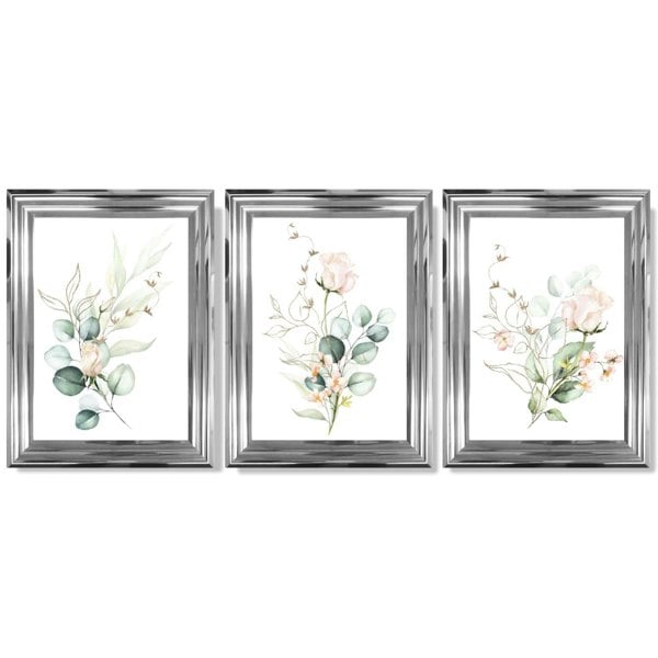Pink Floral Roses Set of 3 Framed Art Prints with Glossy Chrome Frames