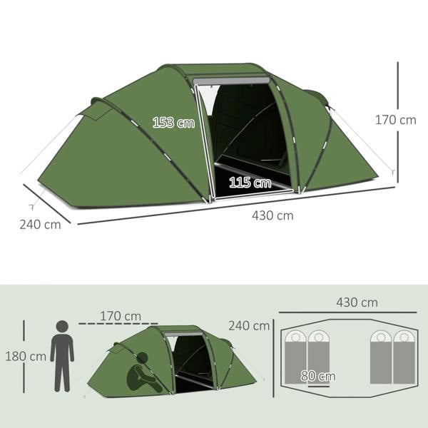 Dark green tunnel tent layout diagram with room divider and height dimensions