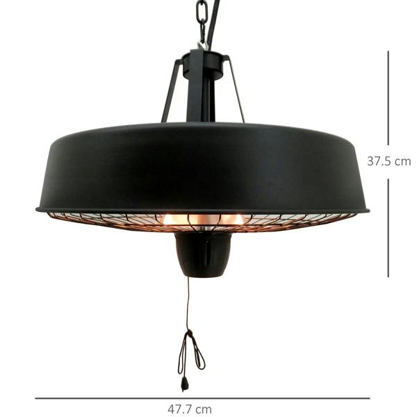 Black hanging infrared heater with chain and domed top over glowing heating tube