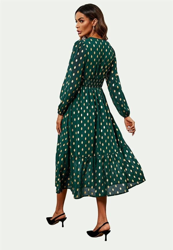 FS Collection Lace Trim Foil Long Sleeve Maxi Dress In Green