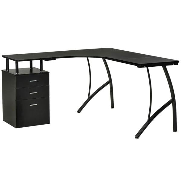 Black L-shaped computer desk with storage drawer and arched metal legs