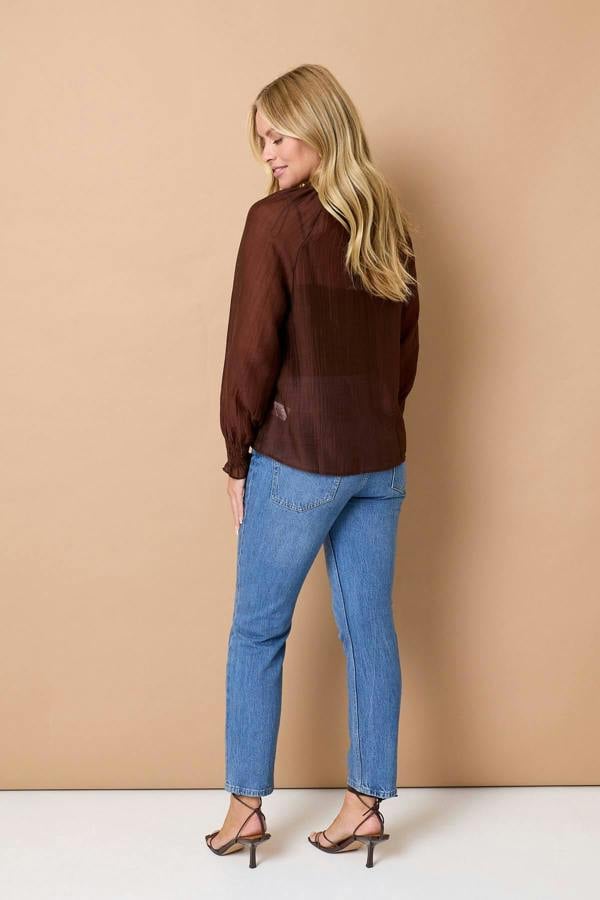 Brown | Tie Front High Neck Relaxed Blouse