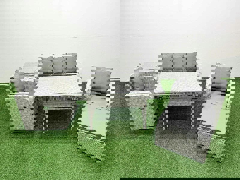 Fimous PE Rattan Garden Furniture Set Reclining Chair Sofa Lounge Sofa Set Rectangular Dining Table Side Table Big Footstool Light Grey