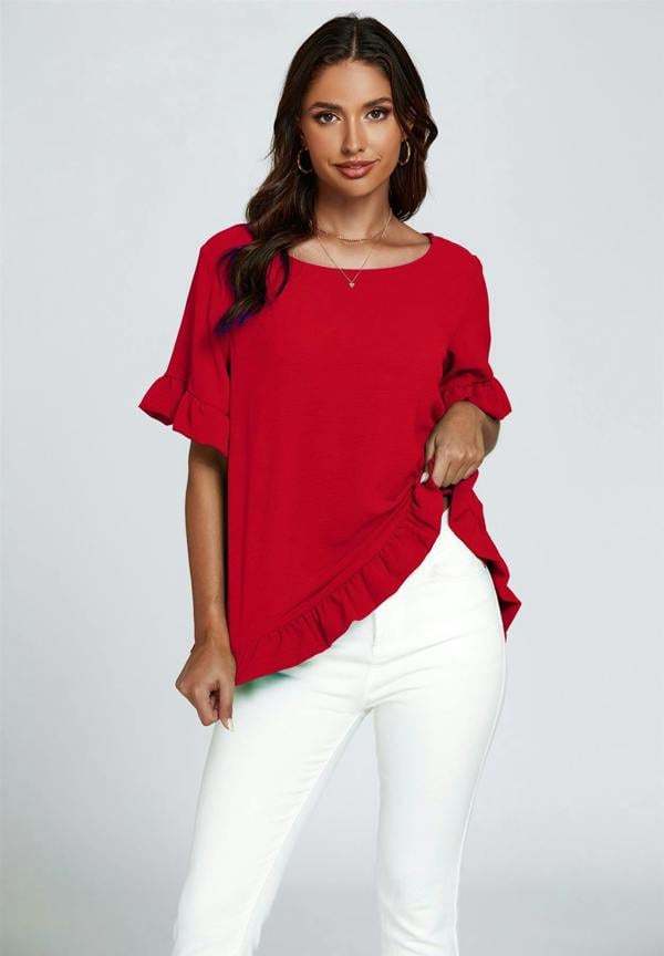 FS Collection Frill Detail Short Sleeves Top In Red