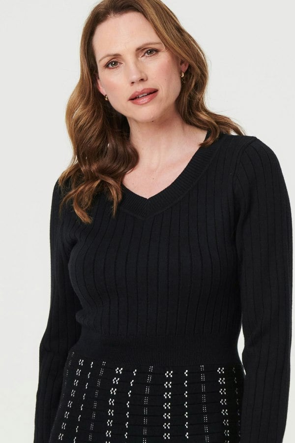 Black | Striped Long Sleeve Midi Knit Dress