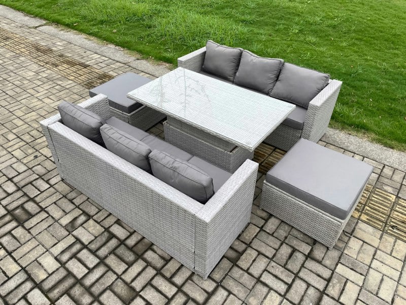 Fimous Outdoor PE Rattan Garden Funiture Set Height Adjustable Rising Lifting Table Sofa Dining Set with 2 Big Footstools