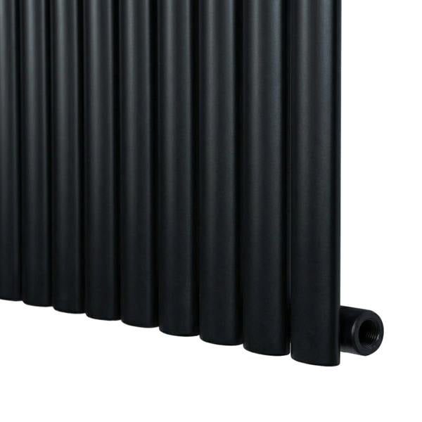 Sleek black oval single column radiator, 600 x 600mm, featuring smooth metal finish and vertical design for modern interiors