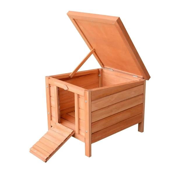 Small wooden hutch with hinged roof open, interior visible, ramp included