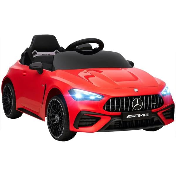 Red kids electric ride-on car with LED headlights and black grille, front view