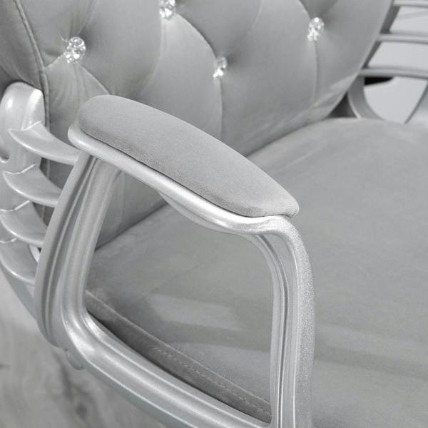 Grey velvet office chair armrest close-up with chrome frame and padded seat