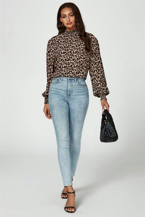 FS Collection Leopard Print Long Sleeve High Neck Blouse In Brown