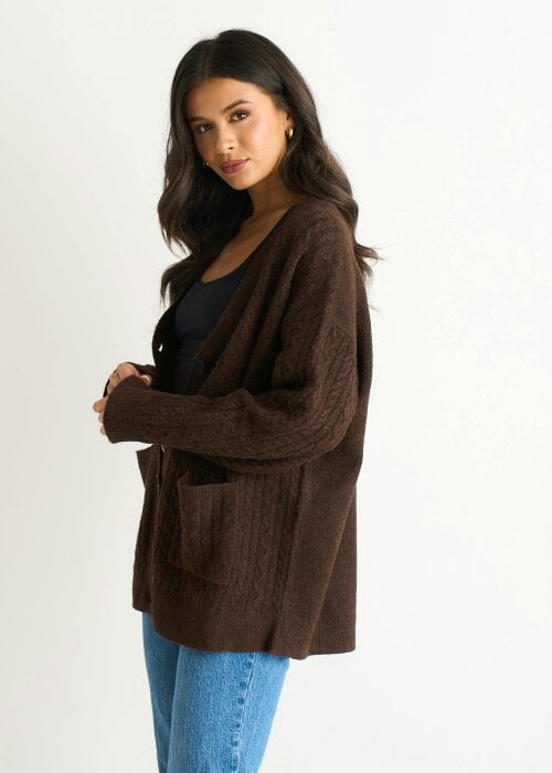 Gini London Brown Cable Patch Pocket Knitted Cardigan