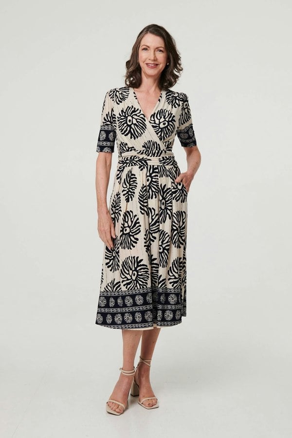 Navy | Border Print Ruched V-Neck Midi Dress
