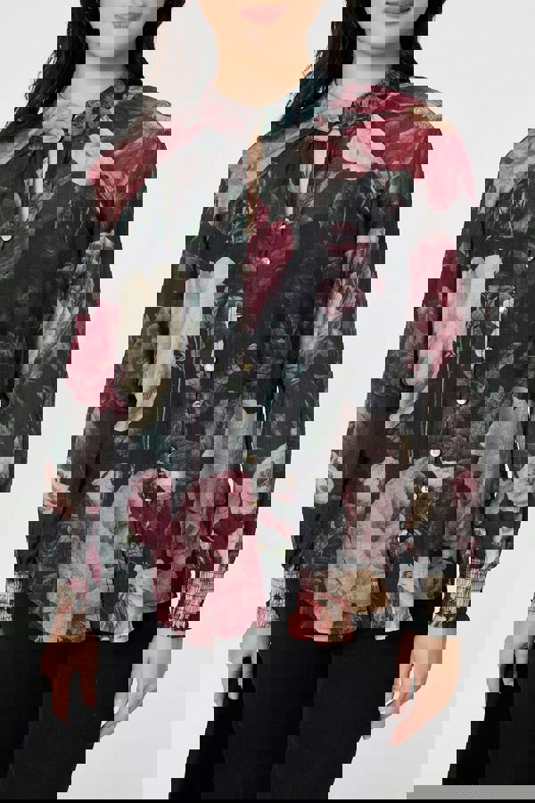 Black | Floral Semi Sheer Button Front Shirt
