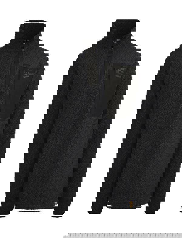 JCB Borg Mens Fleece Trade Work Pull Over Warm 1/4 Zip Sweat Shirt, black pullover fleece with quarter zip and chest pocket featuring JCB logo.