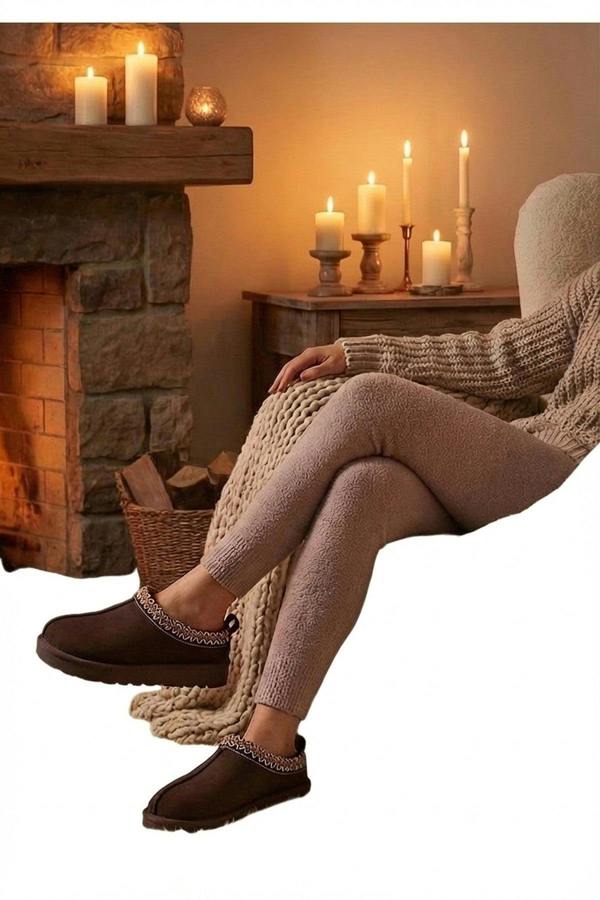 Ravina Chunky Slip On Suede Slippers With Stitch Detail - Brown_wb