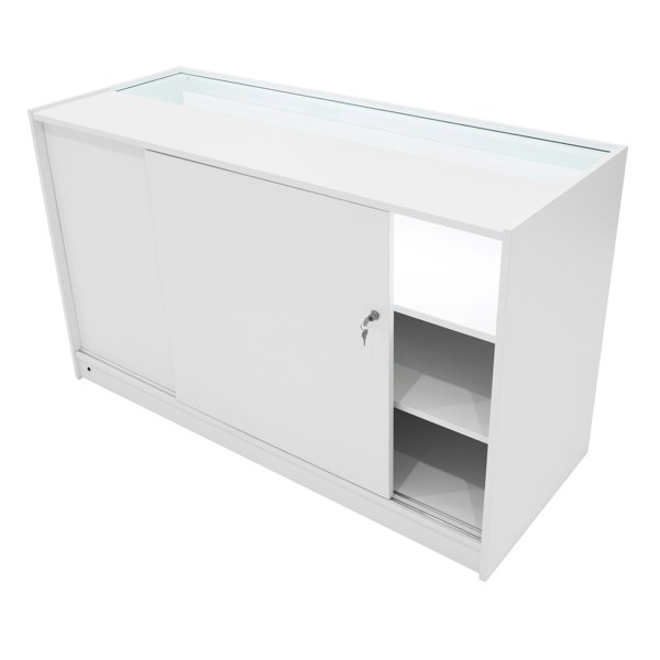 Hera LED Shop Counter Set in white featuring sliding doors, glass top, and spacious interior shelves for organized display