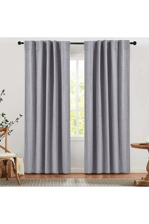 Living and Home 2 Panels Grey Faux Linen Back Tab or Rod Pocket Blackout Curtains for Bedroom, Living Room , 168cm W x 229cm H