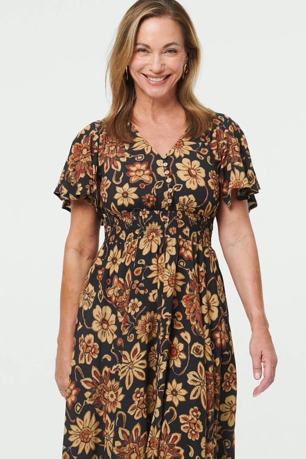 Black | Floral Shirred V-Neck Knee Length Dress
